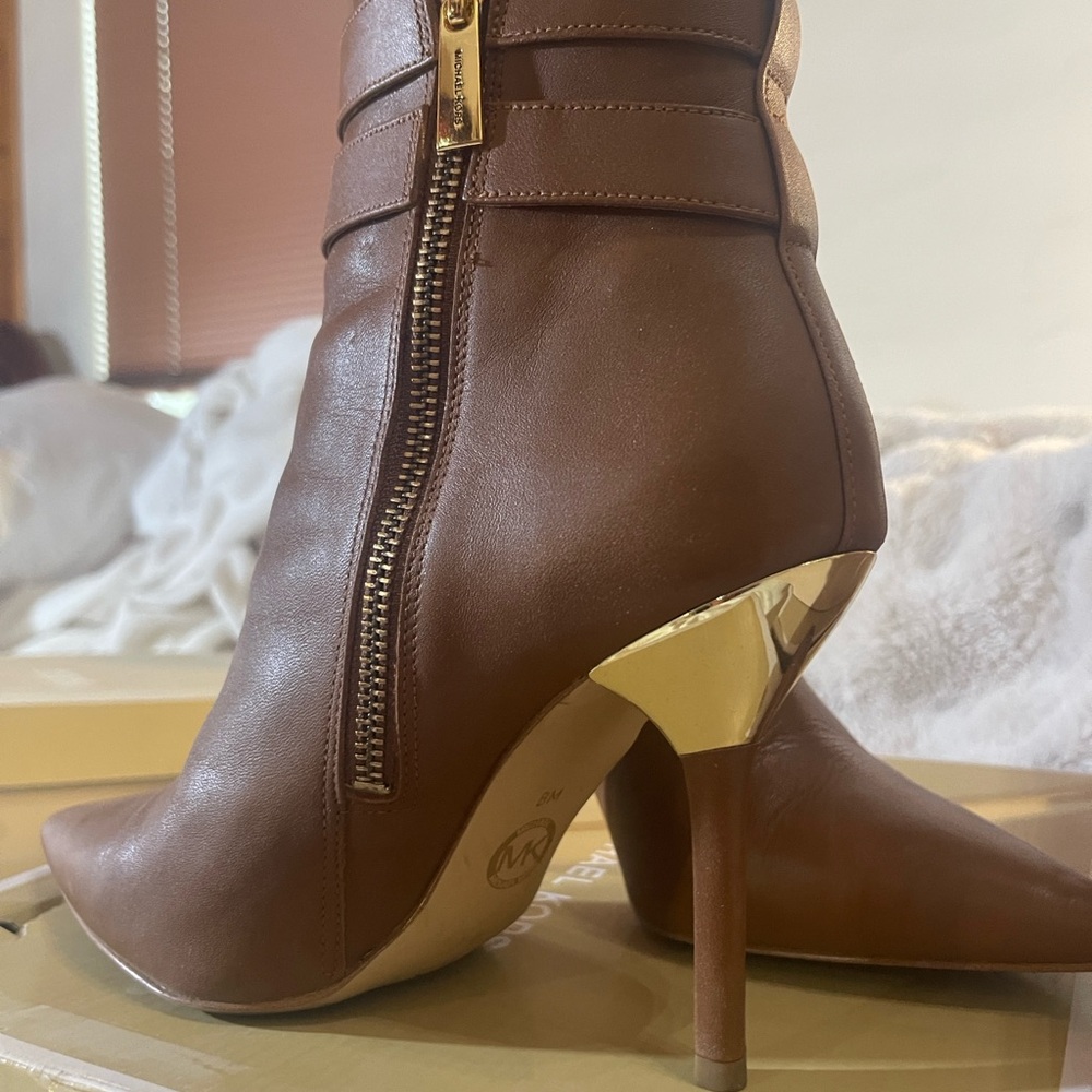 Michael Kors Brown Leather Pointed Toe Ankle Booties with Gold Heel Accent